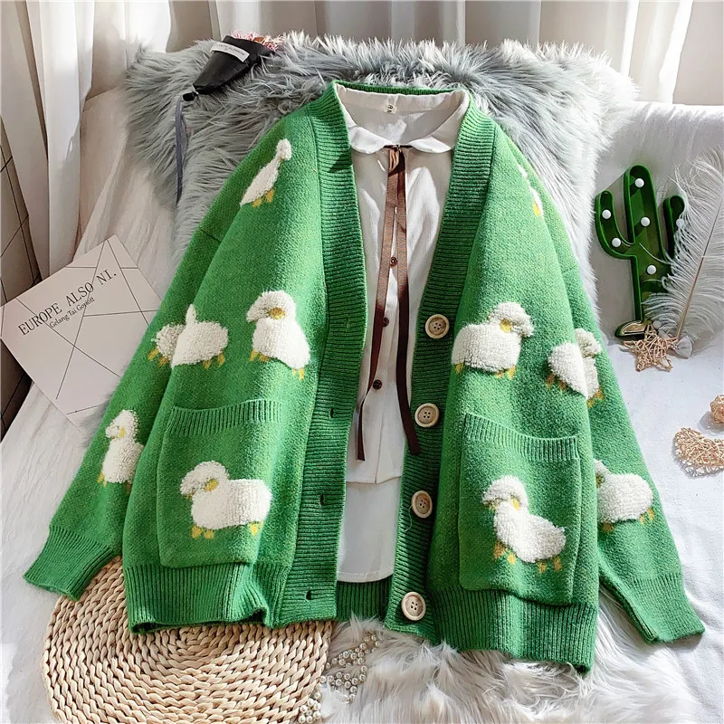 NCLAGEN Cute Sheep Women Knitted Cardigan Batwing Sleeve Loose Casual Sweater Girls Pockets V Neck Spring Fall Outwear Top Cloth