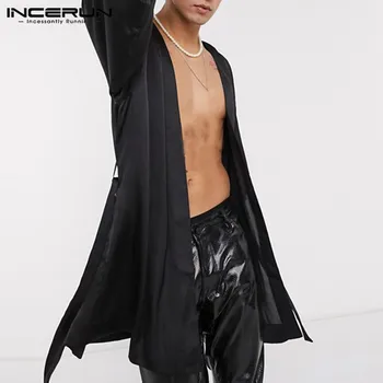 

INCERUN Men Robes Sexy Solid Color Half Sleeve Leisure Nightgown 2020 Fashion Men Homewear Lace Up Cozy Bathrobes Cardigan S-5XL