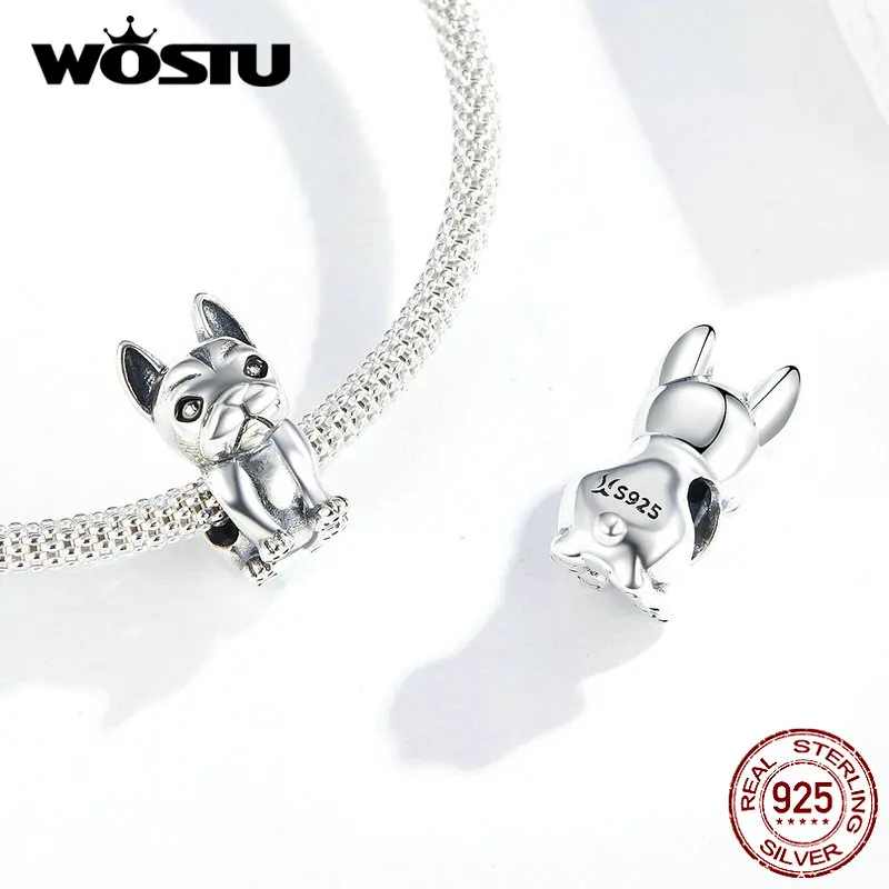 WOSTU настоящий 925 пробы серебряный милый Французский бульдог бусины талисманы подходят браслет Лидер продаж CZ кулон S925 BKC1306