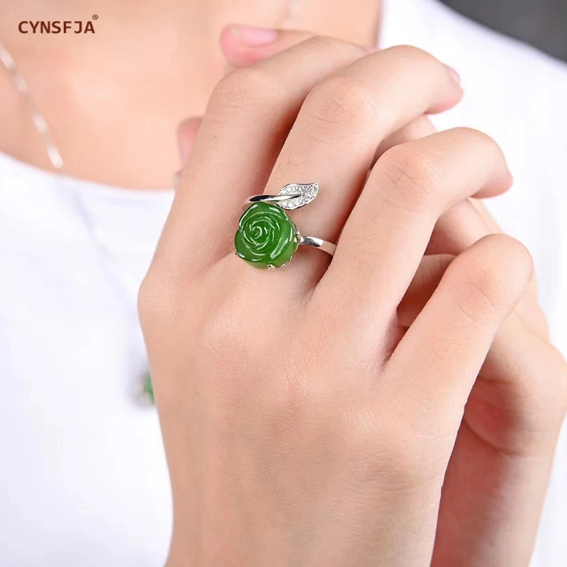

CYNSFJA Real Rare Certified Natural Hetian Jasper 925 Sterling Silver Rose Green Jade Rings Hand Carved High Quality Best Gifts