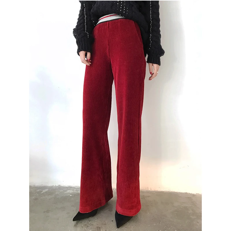 

2019 New Design Fall Winter 4 Colors Solid Elastic Waist Wide Leg Thick Casual Trousers Corduroy Long Pants High Quality