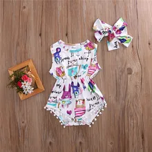 Комплект одежды для маленьких девочек 0-36 месяцев, 2 предмета, летний детский комбинезон, костюм с рисунком, боди для малышей, костюм и ободок, комплект одежды для новорожденных