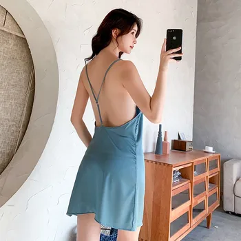 

Sexy Backless Mini Nightgown Women Spaghetti Strap Nightdress Summer Satin Slepwear Nightwear Female Casual Loose Bathrobe Gown