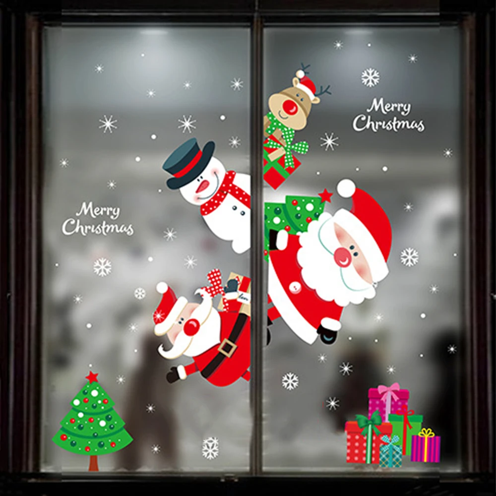 DIY Christmas Wall Sticker Living Room Xmas Santa Claus Snowman Elk Stickers Window Showcase Glass Decor Poster Decorative Films | Дом и сад