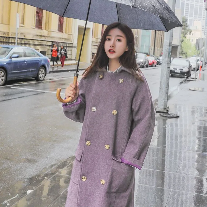 Фотосессия шикарный стиль колледжа элегантный Ol фиолетовый средней длины отложной воротник двубортный шерстяной ткани пальто для женщин