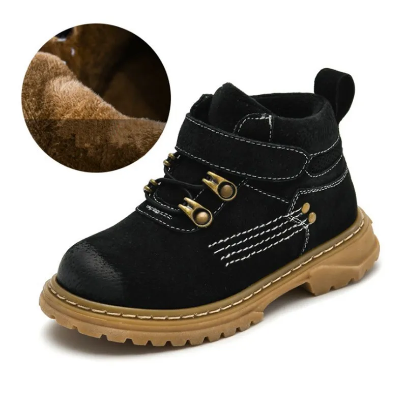 

New high quality Genuine leather Boys Girls Boots 26-37 Autumn British boots for Boys Plush Warm Winter Shoes for girls kids