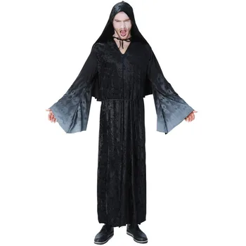 

Men Ghost Wizard Cosplay Costume for Carnival Stage Performance Black Ghost Printed Hooded Gown for Halloween Make Up Party
