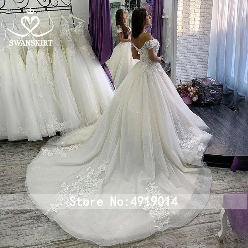 Роскошное Свадебное платье с бусинами, шикарная юбка с открытыми плечами с аппликацией, бальное платье на шнуровке, платье принцессы для невесты XZ37
