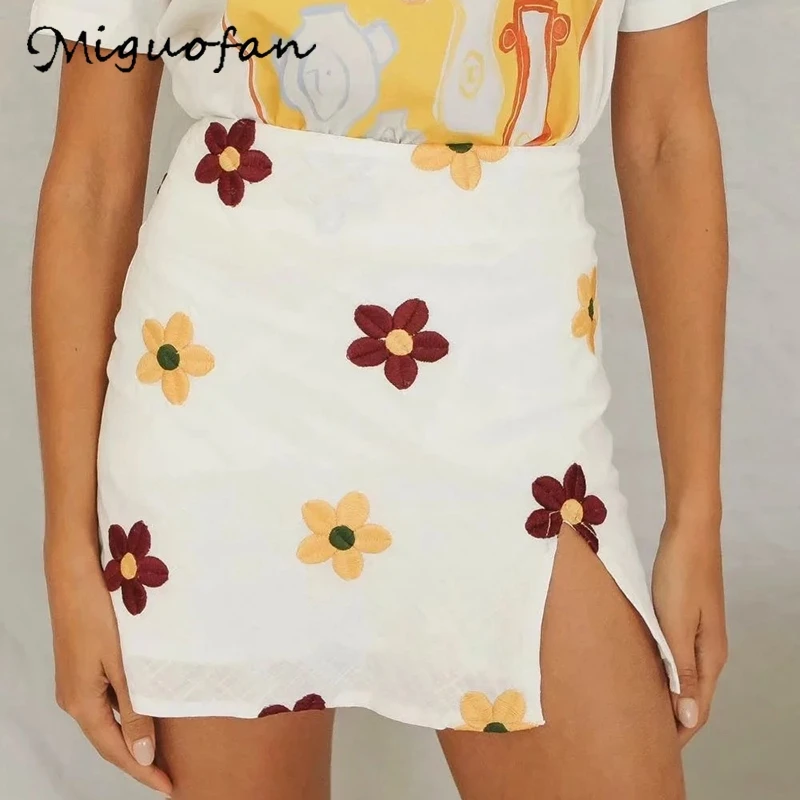 

Miguofan 2020 summer skirts floral embroidery sexy mini skirts high split vintage beach bodycon skirts for woman girls buttoms