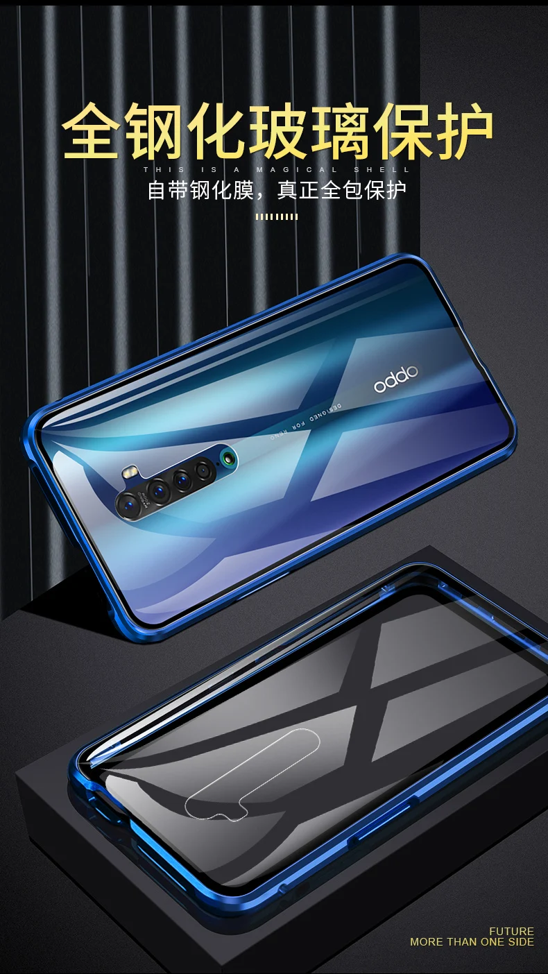 Для oppo Reno 2 Магнитный чехол oppo reno2 360 Передний+ задний двухсторонний чехол из закаленного стекла для oppo Reno 2 металлический бампер чехол