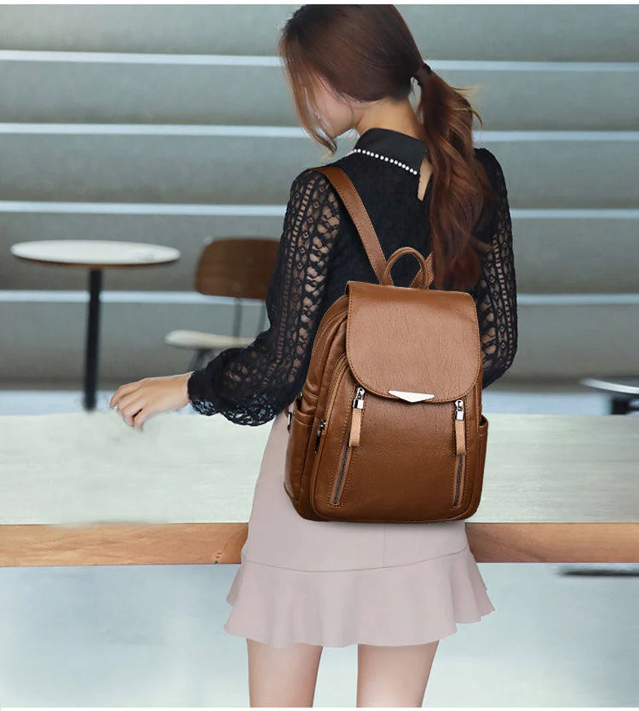 

Fashion Women Backpack High Quality Vintage Multifunction Soft PU Leather Backpack With Handle For Women Teens School Girls