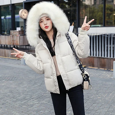 beige Однотонное тонкое пуховое пальто с капюшоном для женщин, зимний толстый теплый пуховик для женщин, повседневное короткое белое пальто на молнии высокого размера плюс - Цвет: beige