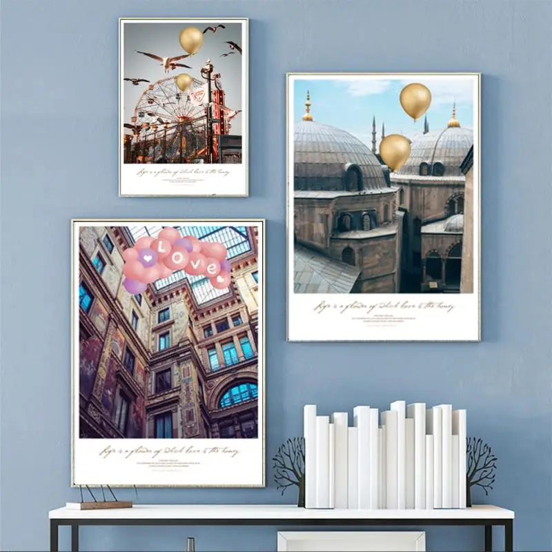 

Modern Nordic Style Pink Architectural Landscape Balloon Canvas Wall Painting Living Room Home Decoration Printing Poster