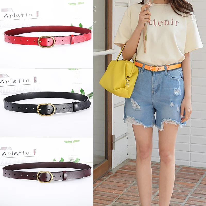 

2019 New Women's Belt with Golden Pin Buckles Retro Ladies Cowhide Belt Fashion Designer Belt Woman Thin Skinny Waist Strap