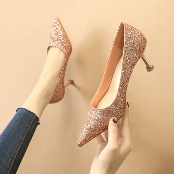 

2020 Women 6.5cm low High Heels Glitter Bling Scarpins Fetish luxury Pumps Stiletto Wedding Bridal Silver Valentine Party Shoes