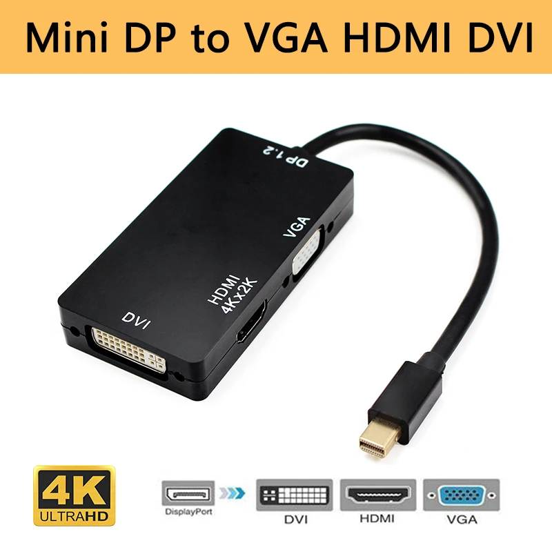 

3 In 1 Hub 4K Mini Displayport DP Male to DVI HDMI VGA Female Adapter Cable Converter for Computer PC Mac Gold-plated