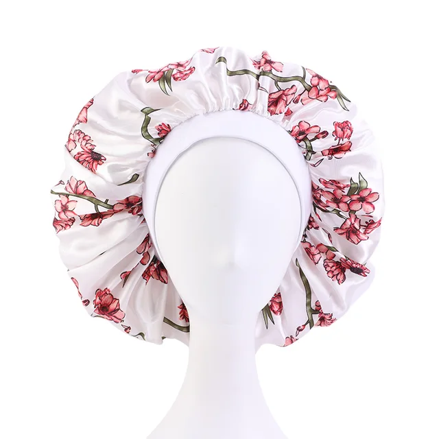 New Women Big Size Beauty print Satin Silky Bonnet Sleep Night Cap Head Cover Bonnet Hat for For Curly Springy Hair Black 408D White