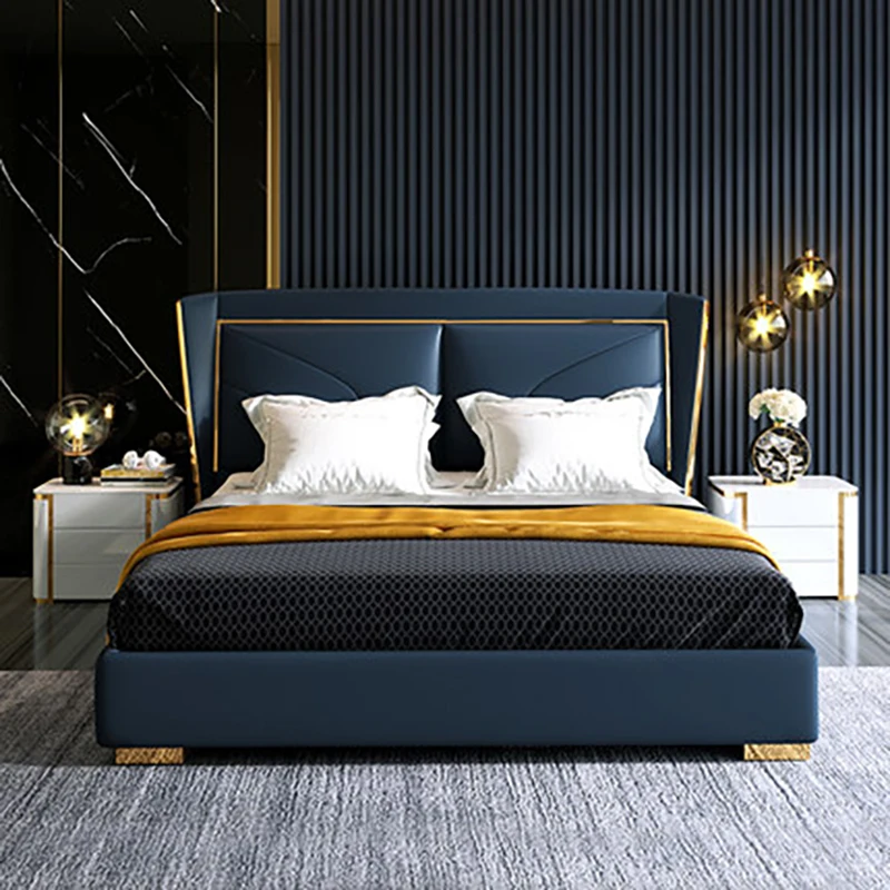

Light luxury leather bed double bed simple modern Nordic leather bed home small apartment master bedroom wedding bed leather art
