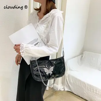 

Butterfly Print Chain Bag Women 2020 Summer Black Retro Patent Leather Shiny Single Shoulder Crossbody Underarm Bag