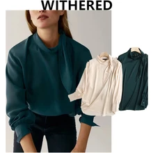 

Dave&Di england style office lady fashion satin elegant lace up bow blouse women blusas mujer de moda 2020 casual shirt tops