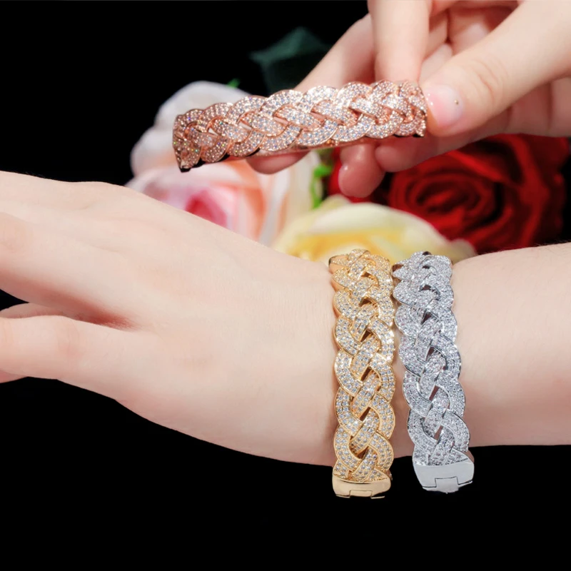 BeaQueen роскошный бренд Розовое золото Цвет кубический цирконий кристалл микро проложили крест открытые манжеты браслеты для женщин ювелирные изделия подарок B177