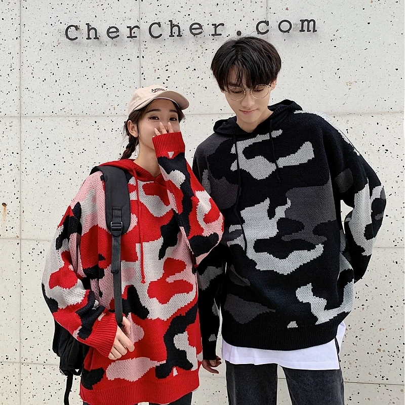 UYUK2019 Autumn New Loose Casual Fashion Trend Hooded Geometric Mosaic Contrast Color Knitted Couple Sweater Streetwear