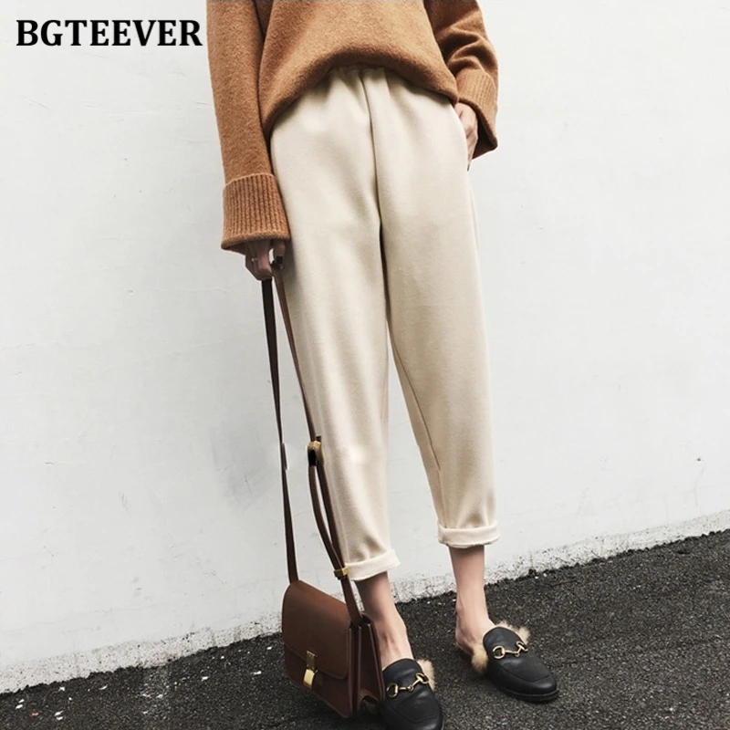BGTEEVER Plus Size Autumn Winter Thick Women Suit Pants Elastic Waist Female Woolen Harem Pants 2020 New pantalon femme BGTEEVER Plus Size Autumn Winter Thick Women Suit Pants Elastic Waist Female Woolen Harem Pants 2020 New pantalon femme