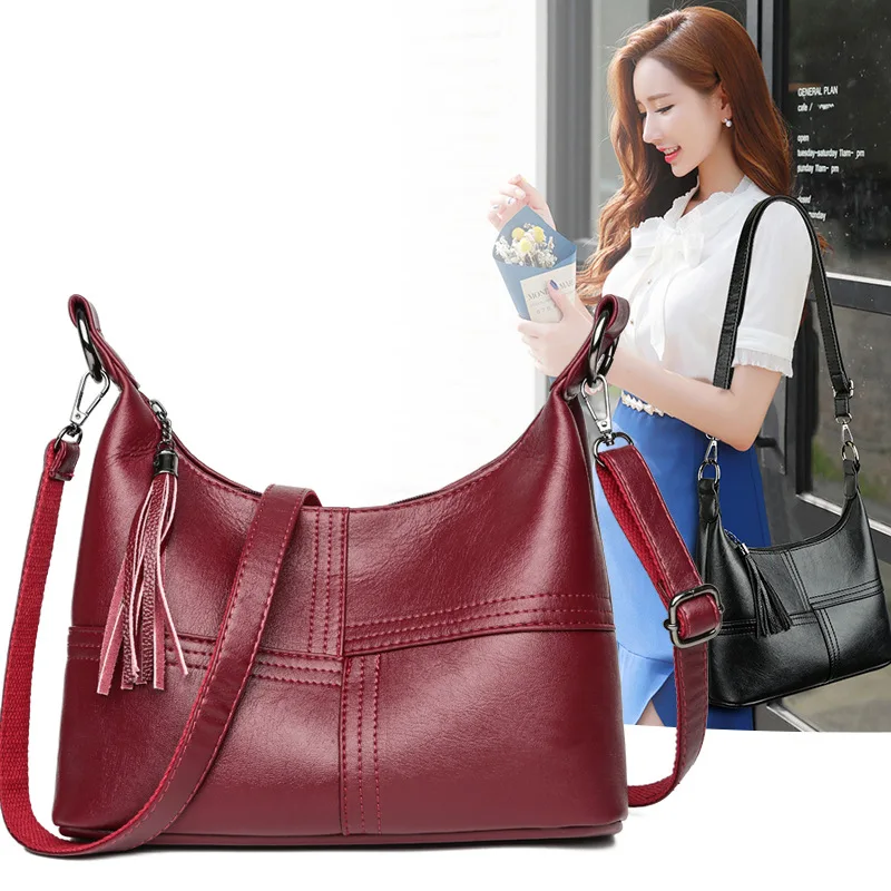 

2019 New Style WOMEN'S Bag Simple Casual Middle-aged Mom Shoulder Oblique Bag Europe And America Soft Leather Women's Tassel Bag