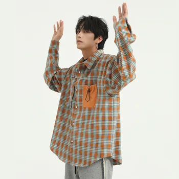 

Men Casual Long Sleeve Plaid Shirts Young Male High Street Hip Hop Loose Shirts Outerwear