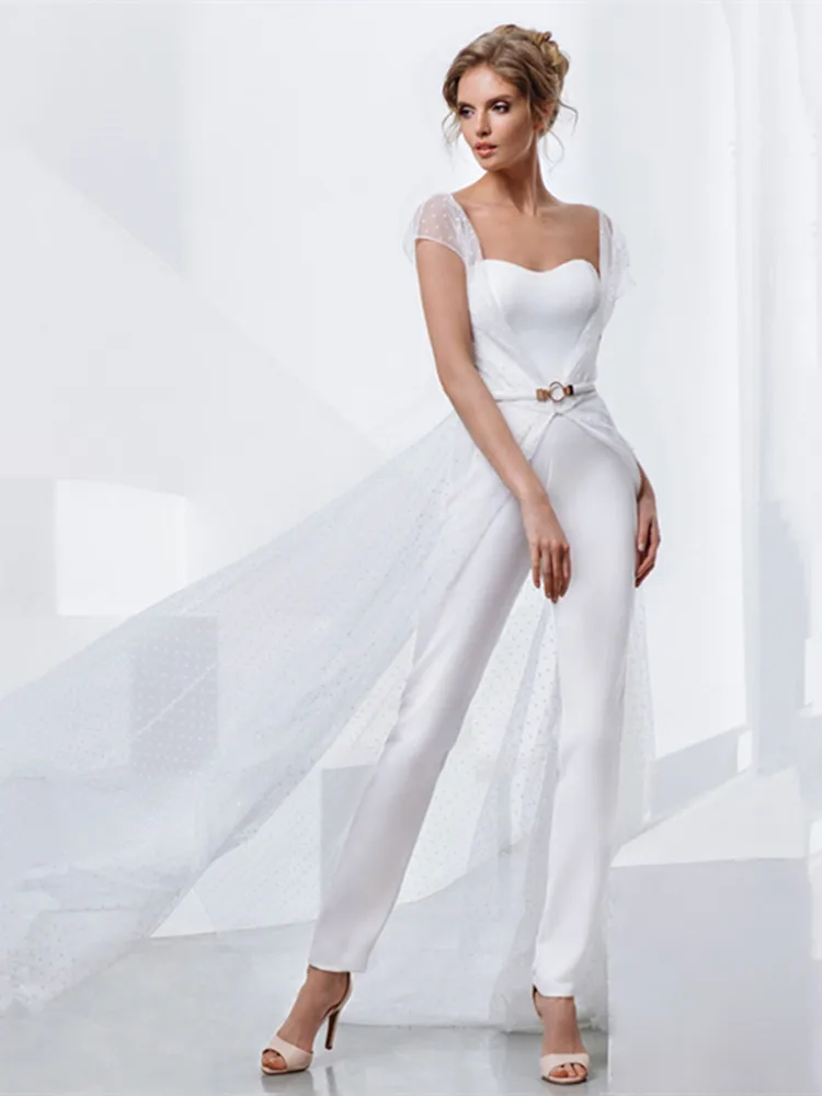Sweetheart Jumpsuit Long Wedding Dress Sashes Removeable Train Stain Robe De Mariee For Women Bride Gown Pantsuit Summer traditional wedding dresses
