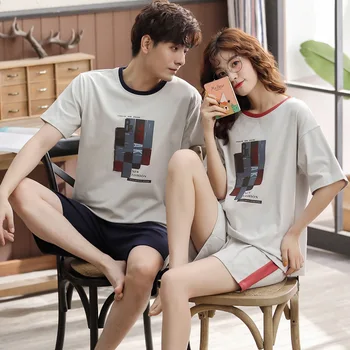 

Warm and sweet couple pajamas men's and women's cotton short-sleeved couple's home clothes