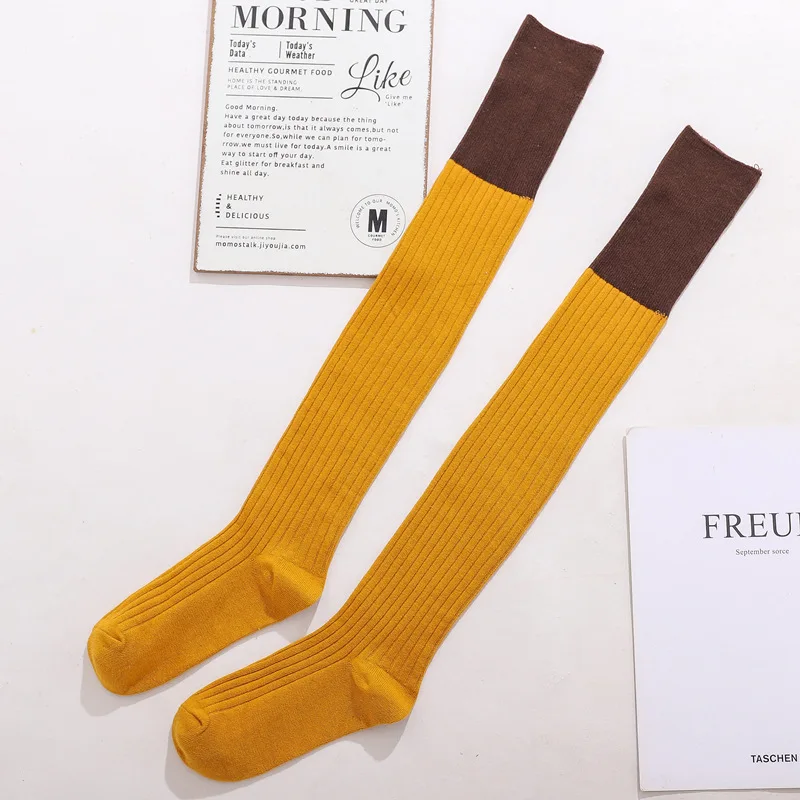 HS06 YellowtopCoffe Женские гольфы для девочек; сезон весна-осень-зима; теплые вязаные мягкие гольфы; однотонные носки в стиле пэчворк - Цвет: HS06 YellowtopCoffe