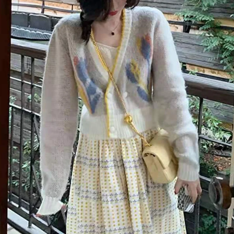 

Осенний винтажный шикарный вязаный свитер, кардиган, женский корейский Повседневный свитер с V-образным вырезом и принтом, пальто, Женский облегающий свитер с длинным рукавом, топы