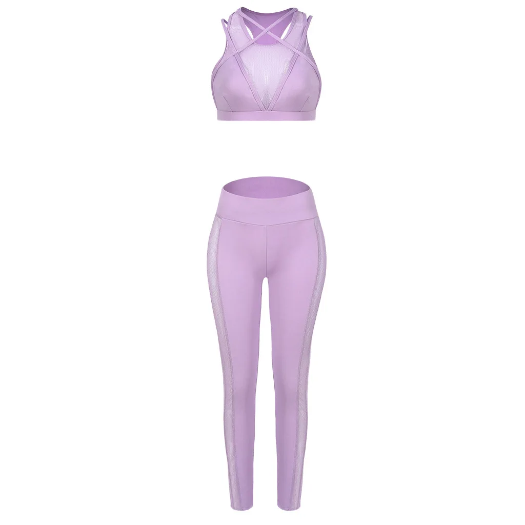 Спортивная одежда для женщин, женский комплект 2 шт. для тренажерного зала, сексуальный сетчатый костюм с перекрещивающимися лямками, женский костюм для йоги, спортивная одежда для тренажерного зала, комплект для йоги - Цвет: Фиолетовый
