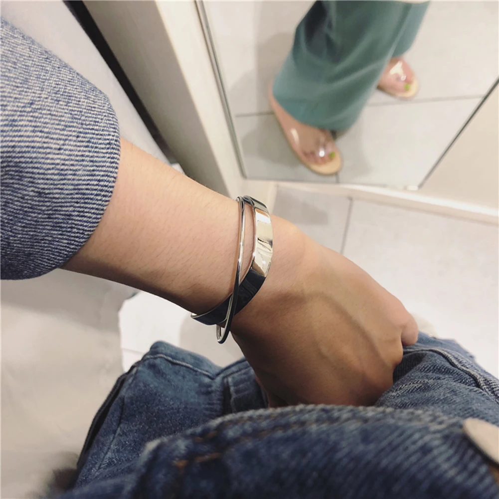 Glossy Double Layer Geometric Irregular Cross Ripple Opening Wristband Jewelry Bangle