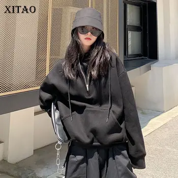 

XITAO Patchwork Pocket Tide Black Hoodies Thick Loose Lazy Wind Women Clothes 2019 Fashion Sweatshirt Autumn and Winter WLD2998