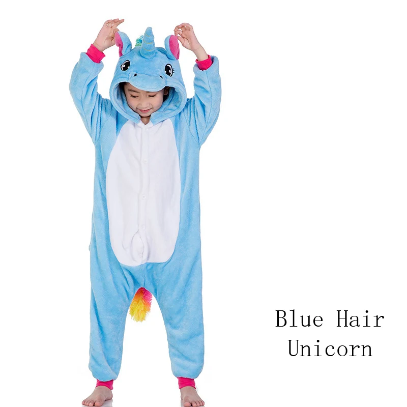BIKIRUB/Детские пижамы; зимняя одежда для сна; комбинезон для мальчиков; пижамный комплект для девочек; кигуруми; единорог; Пикачу; Ститч; панда; Пижама для детей - Цвет: Blue Hair Pegasus FL
