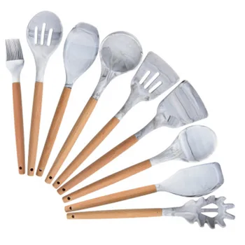 

2020 new arrival 9PCS Silicone Utensils Set Marble color Non-stick Spatula Shovel Wooden Handle Cookware Set Kitchen Tools