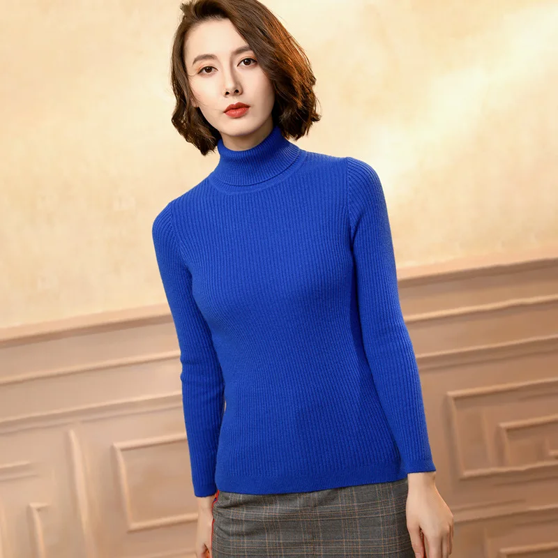 

2019 New Style High Collar Cashmere Sweater Women's Solid Color Cashmere Short Slim Fit Pullover Sweater Knit Low Waist Jersey