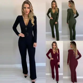 

Womens Fashion Autumn V Neck Long Sleeve Bodycon Jumpsuit Lady Evening Party Playsuit Long Pants