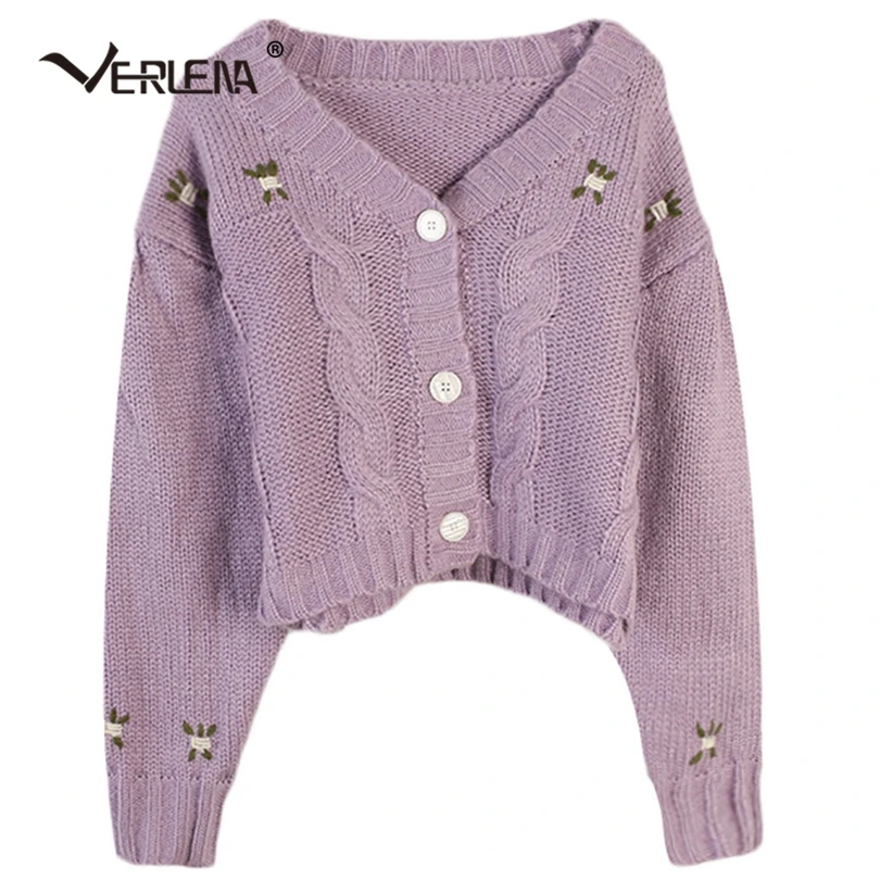 

Verlena Cable Knitted Floral Short Purple Cardigans Women Long Sleeve V-Neck Dropped Shoulder Vintage Streetwear Cropped Sweater