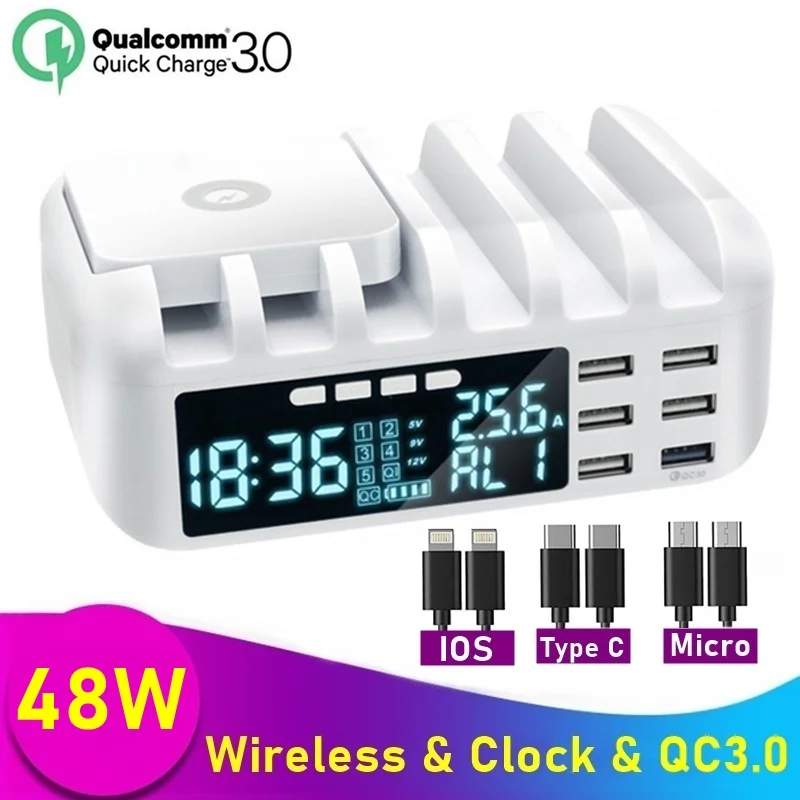 Зарядное устройство QC 3 0 с ЖК-дисплеем и часами 48 Вт | Мобильные телефоны