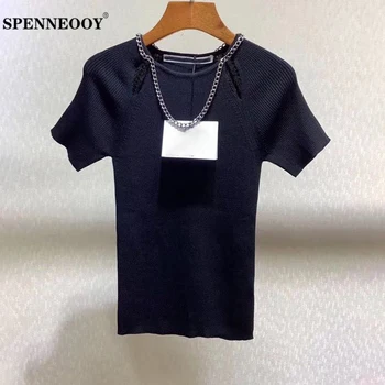 

SPENNEOOY Designer Custom Runway knitting Slim Pure Black Tees Short Sleeve Office Female Daily Work Women Casual Tops T-Shirt