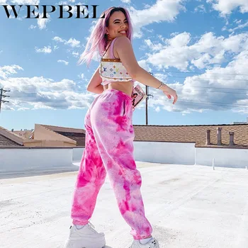

WEPBEL Women Casual Loose High Elastic Waist Tie Dye Print Pants Workout Fitness Running Trousers Hoodies Vest Top