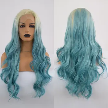 

Bombshell White Ombre Sky Blue Body Wave Synthetic Lace Front Wig Glueless Heat-resistant Fber Hair Black Female Cosplay Wigs