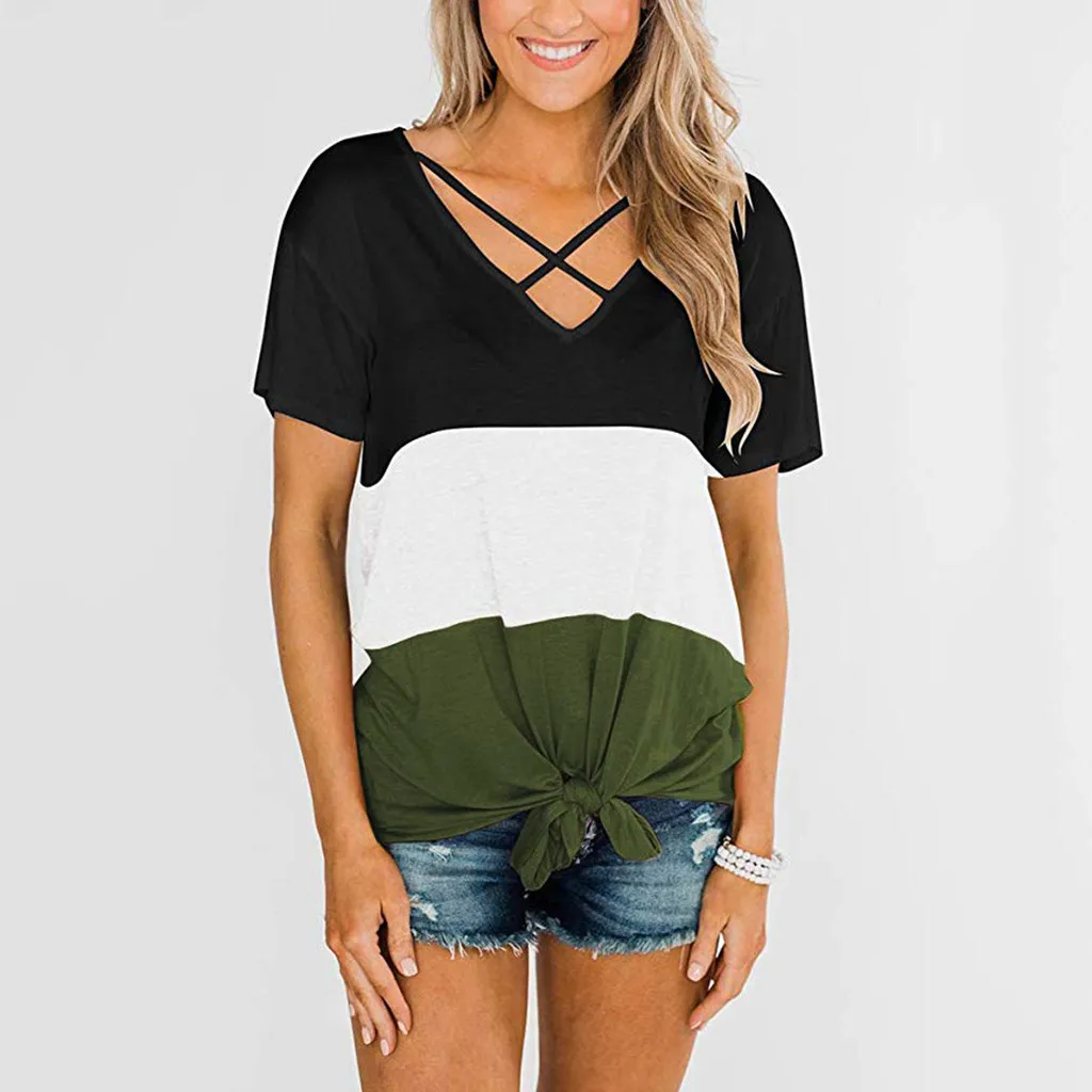 Модная футболка с цветными деталями Повседневная летняя бандажная Женская