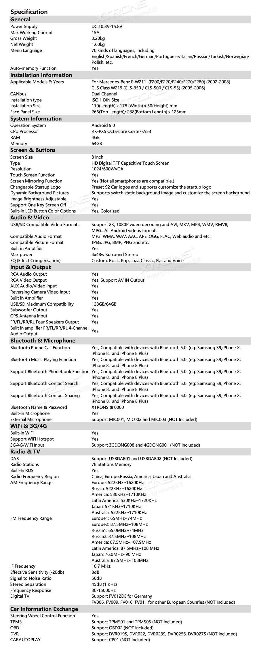 Top XTRONS 8"Android 9.0 Octa Core 4GB RAM 64GB ROM Car Multimedia GPS System for Mercedes Benz W211 2002-2008 W219 2005-2006 NO DVD 28