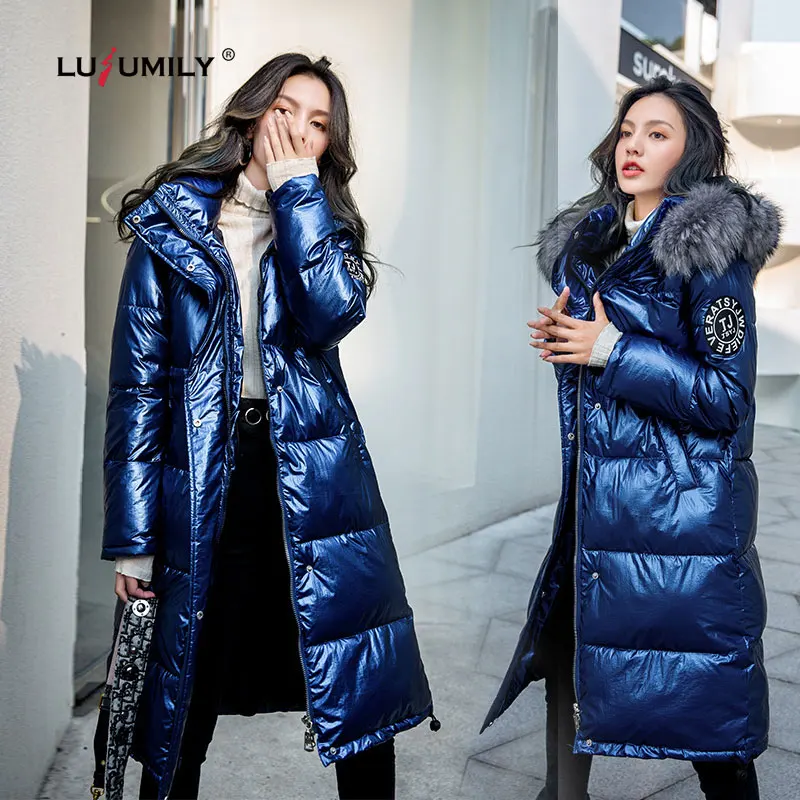 

Lusumily 2019 New Women Winter Down Jacket Chic Big Fur Warm Ultra Light Long Coat Female Parka Hooded Glossy Jackets Oversized