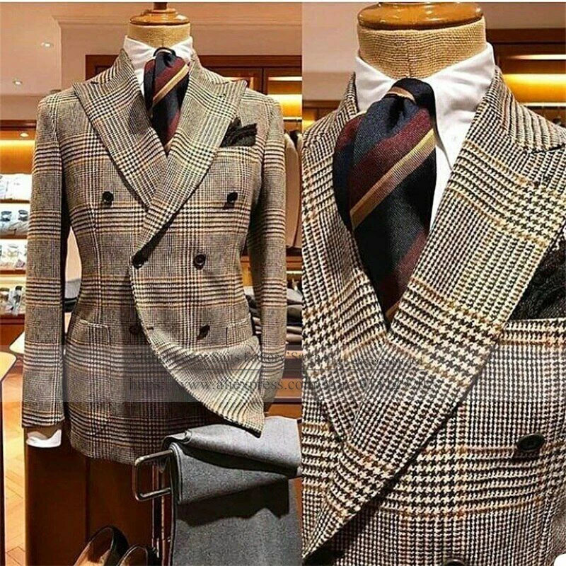 Tweed Wolle Hahnentritt Männer Anzüge Breiten Spitzen Revers Jacke 2 Pcs Zweireiher Mantel Business Blazer Hochzeit Dinner-Party Kleider