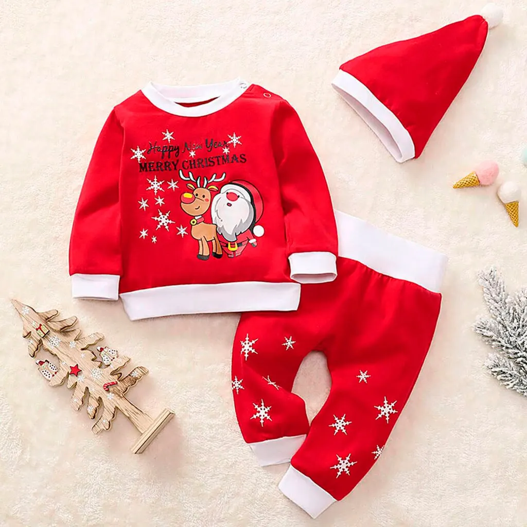 

Newborn Clothes Baby Girl Clothes Baby Boy Clothes Christmas Cartoon Santa Plaid Print Pajamas Sleepwear Outfits+Hat Z4